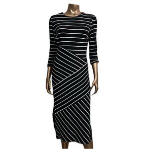 Ayhan‎ Black White Mixed Stripes Maxi Dress Bodycon Size L Side Slit Stretchy